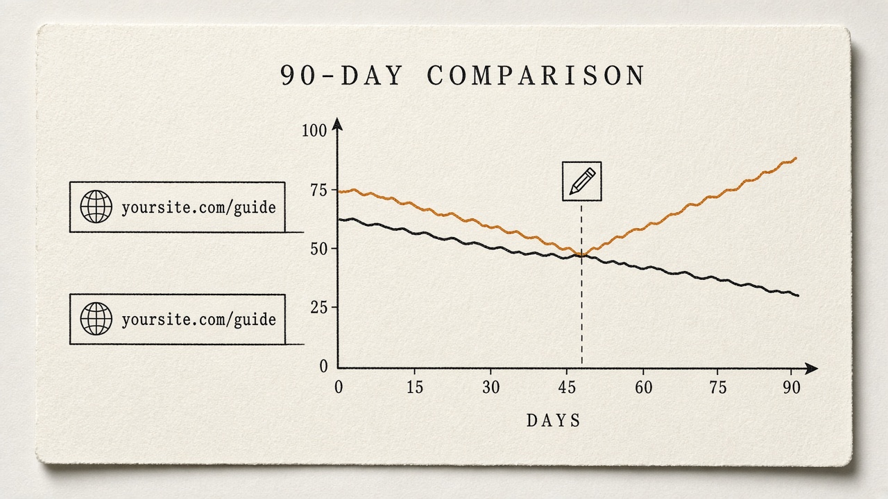 Ninety-day chart showing a content refresh calendar update beating an untouched page