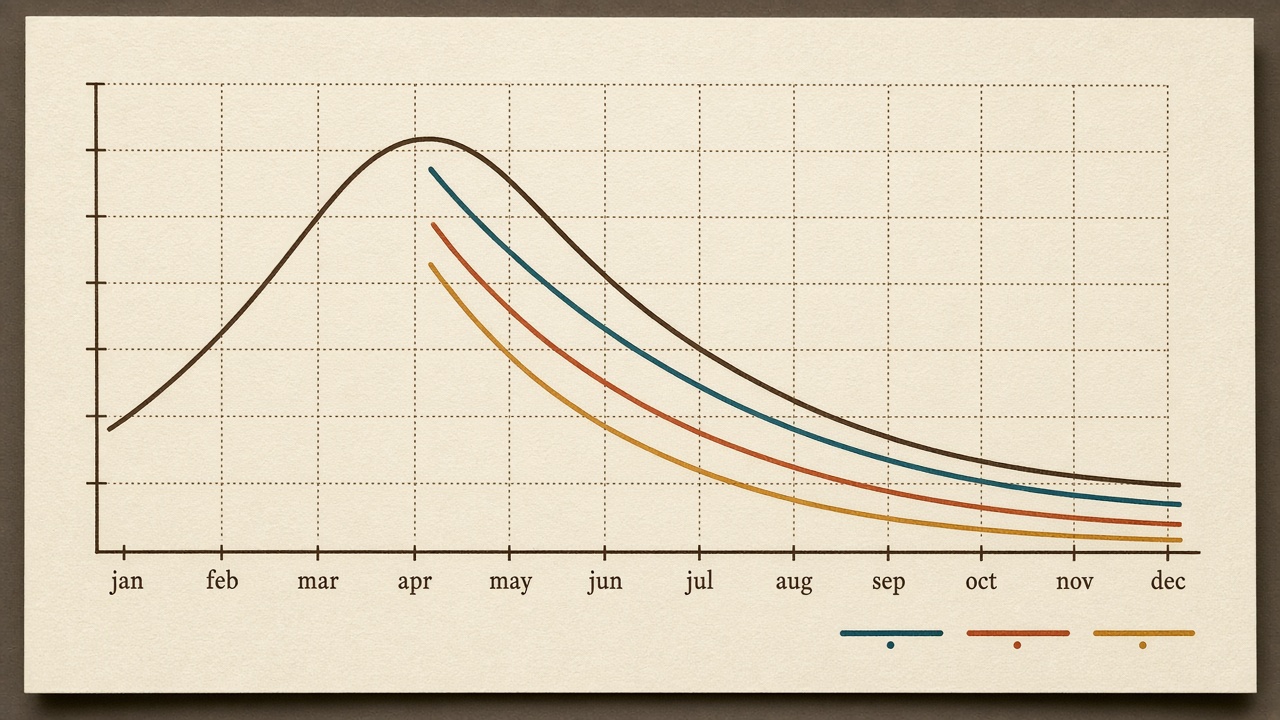 Blog traffic decay curve for a content refresh calendar, with data, how-to, and listicle tracks