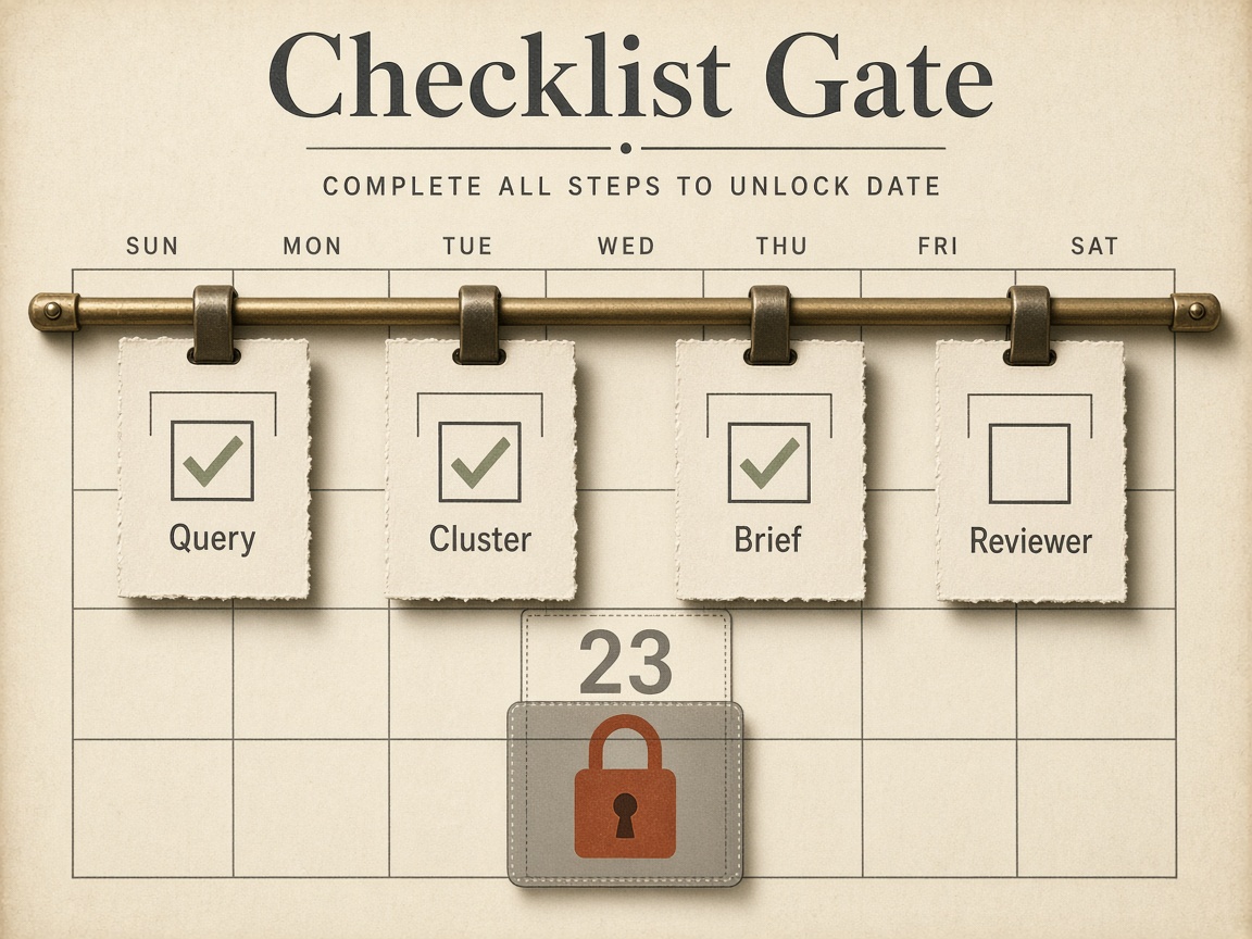Editorial calendar software date locked until query, cluster, brief, and reviewer are checked