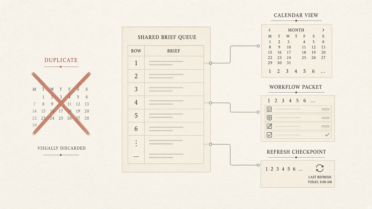 One brief queue feeding editorial calendar software without a second source of truth