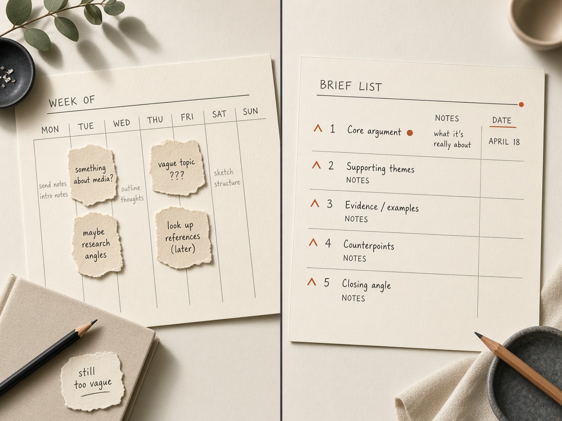 Brief queue with blank publish dates beside a week grid of placeholder topics