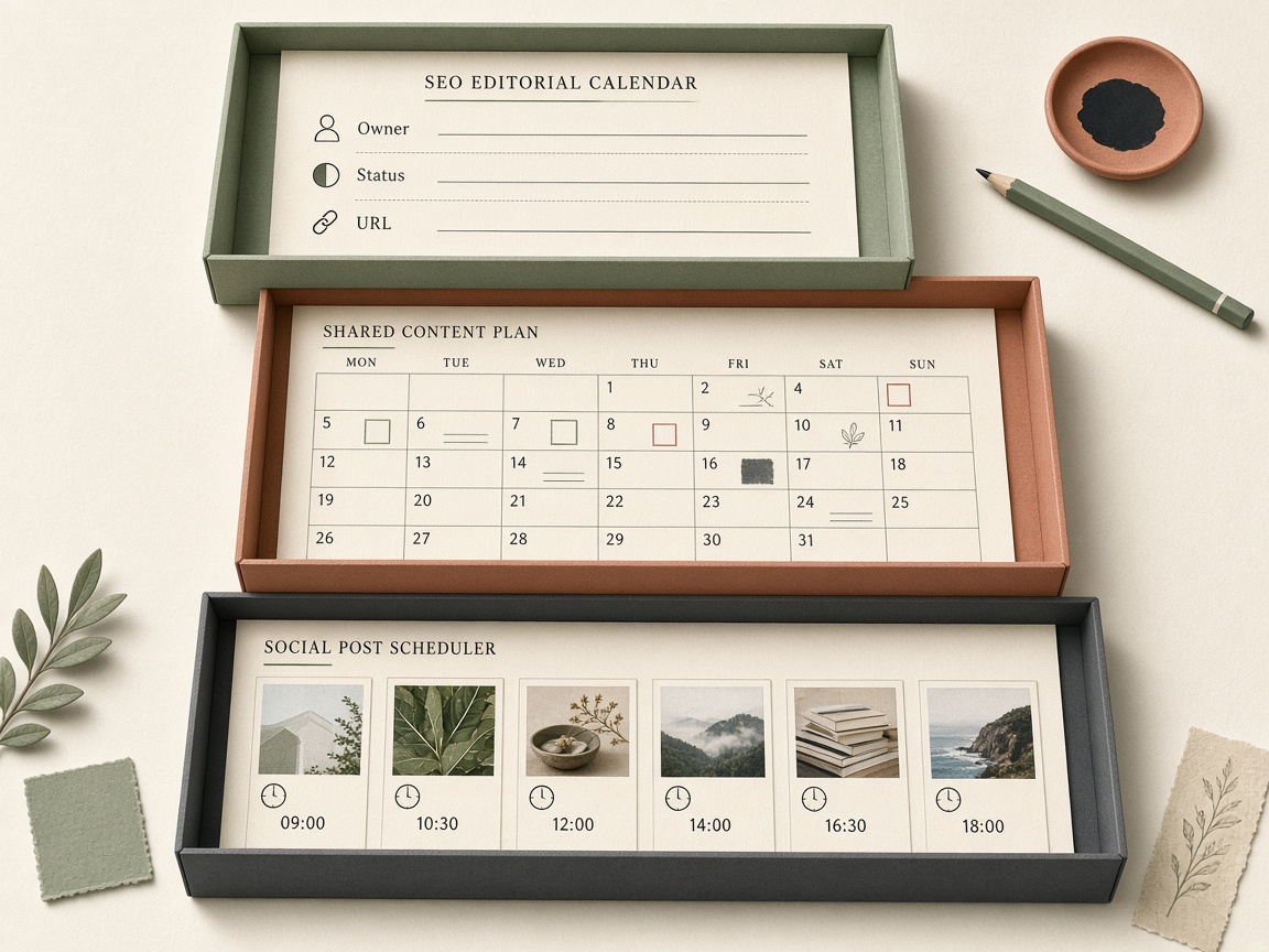 Editorial calendar software shown as owner, status, and URL above a date grid and social scheduler