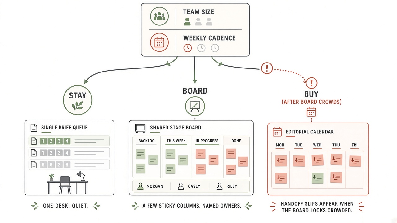 When a lean SEO team should buy editorial calendar software: stay, board, or buy