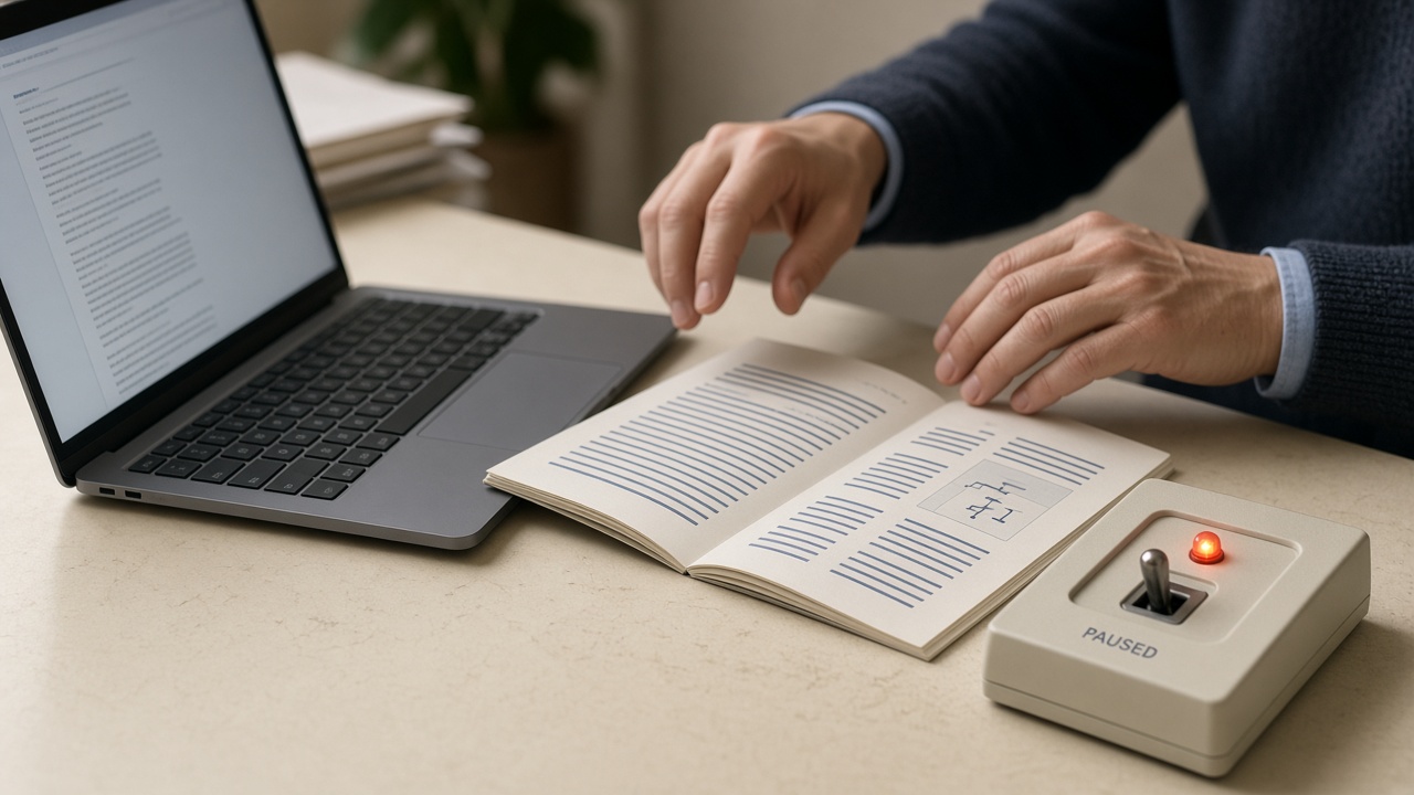 Publisher pausing an AI SEO draft next to official search guidance before a manual accuracy check