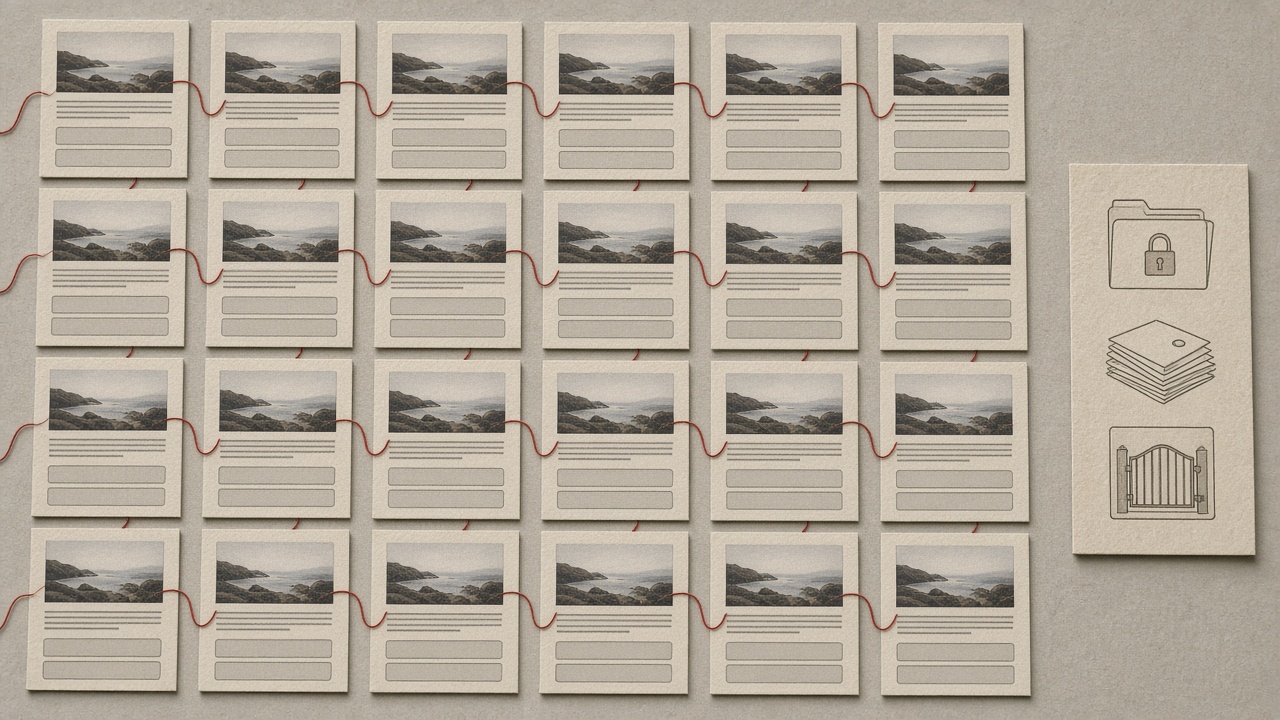 Scaled-content abuse shown as a repeating near-duplicate pattern rather than a specific model