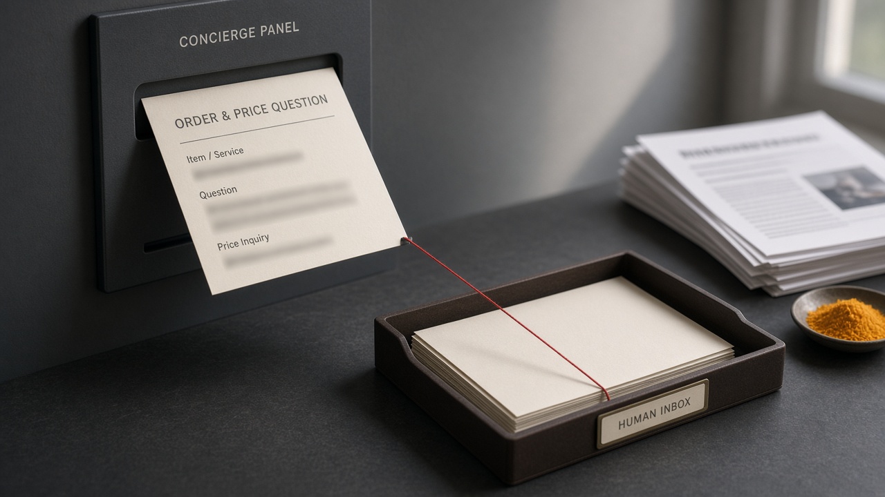 Order and price questions routed from the concierge to a human