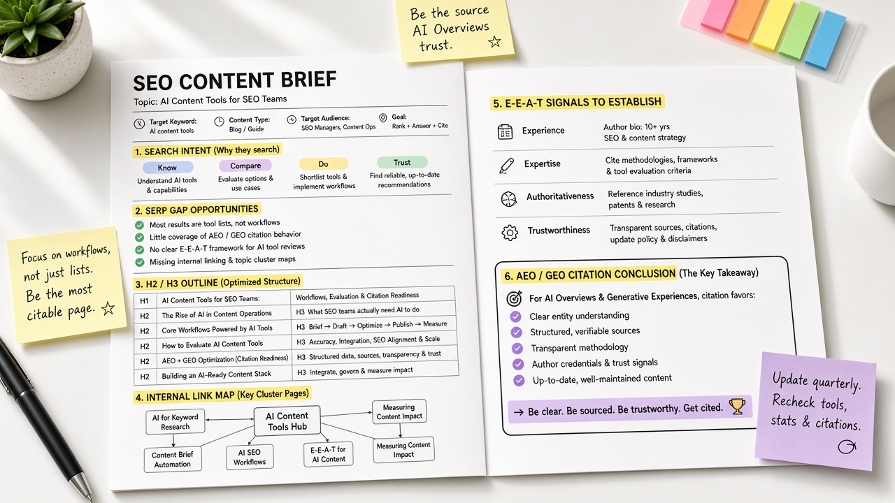Annotated free SEO content brief generator output with intent SERP gaps outline links and AEO fields