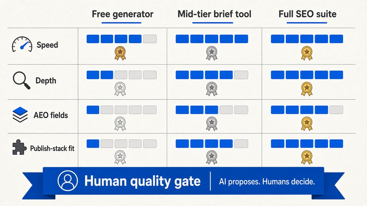 Scorecard comparing free SEO content brief generators paid tools and full SEO suites with quality gate