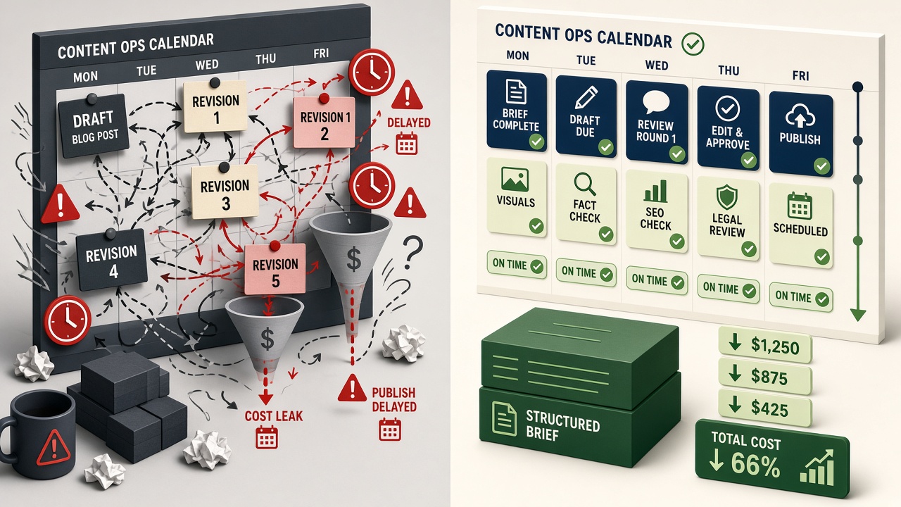 Content calendar illustration showing how weak SEO briefs waste time budget and rankings