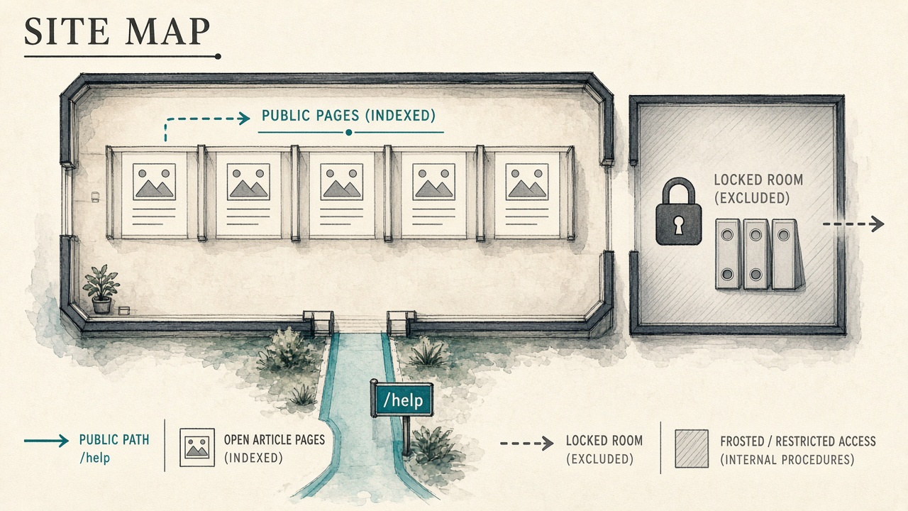 Help center SEO site map with public articles on a /help path and a locked internal folder