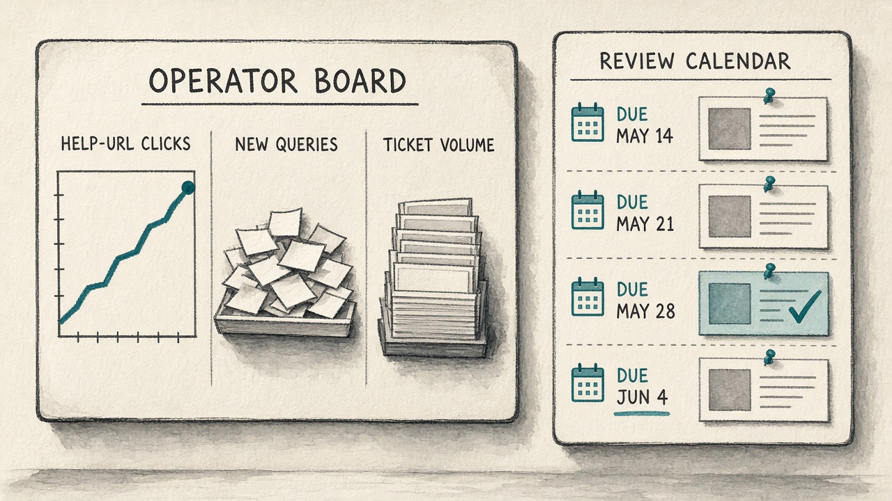 Help center SEO deflection board with help-URL clicks, new queries, ticket volume, and a review calendar