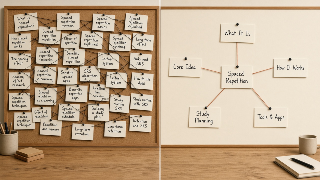 Overlapping topic cluster map beside a clean unique-intent hub