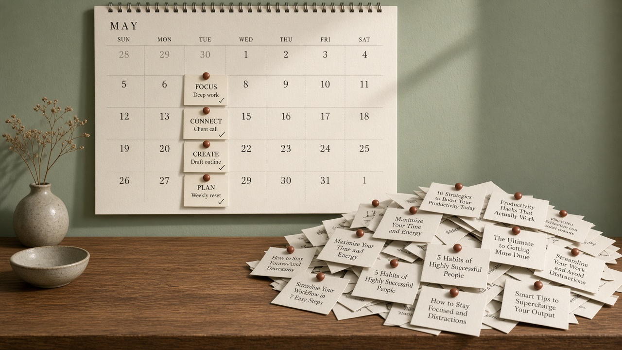 Editorial calendar of validated cluster slots versus a pile of similar titles