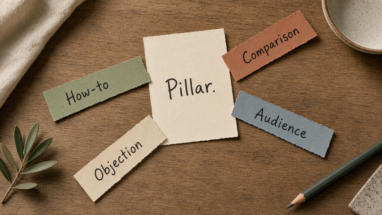 Pillar page with uneven unique-intent cluster spokes, not a quota ring