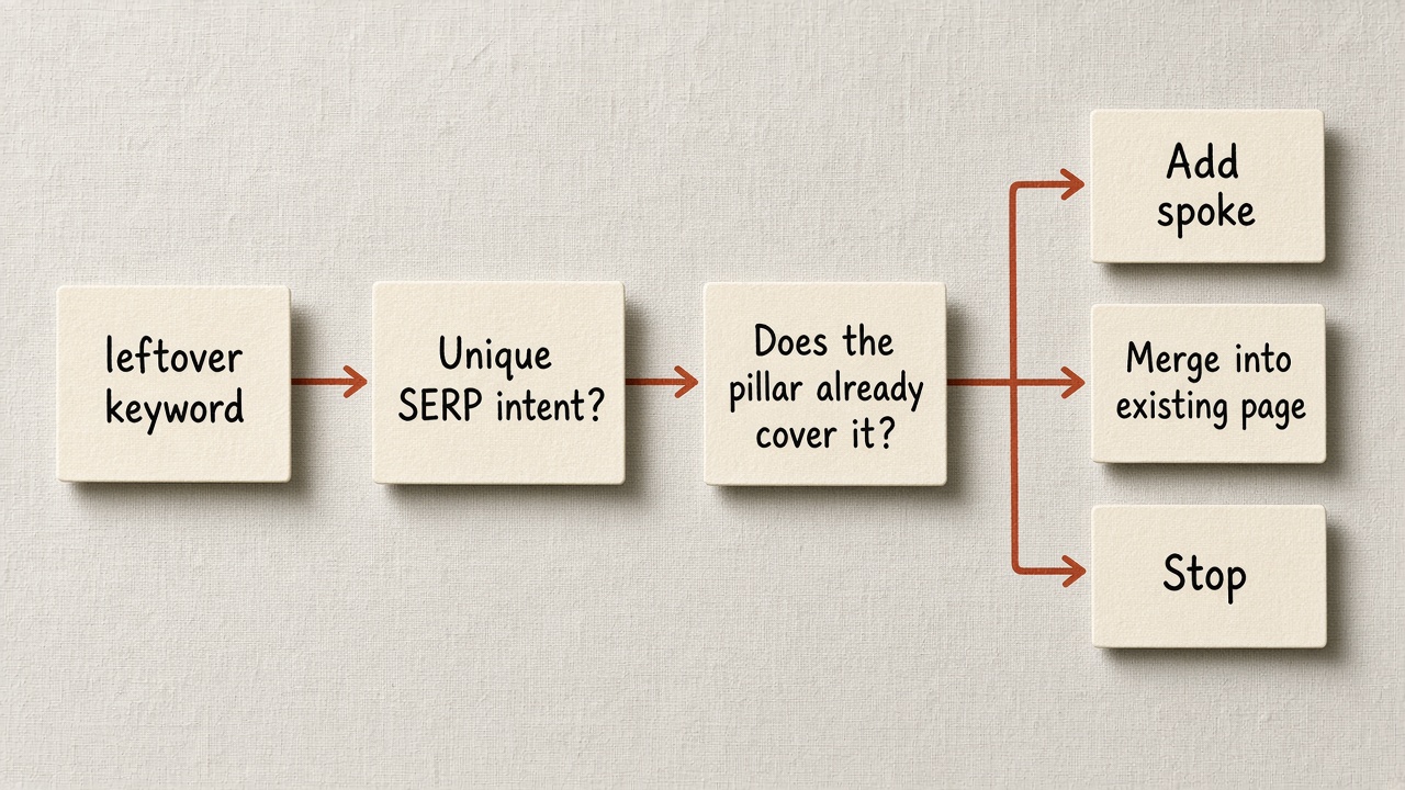 Add-or-stop flowchart for deciding whether to publish another cluster article