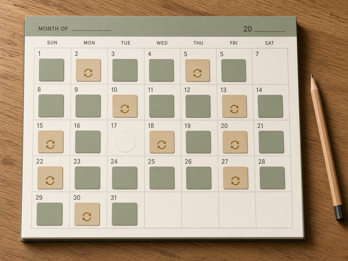 Monthly calendar mixing new SEO articles with refreshes and one date left empty