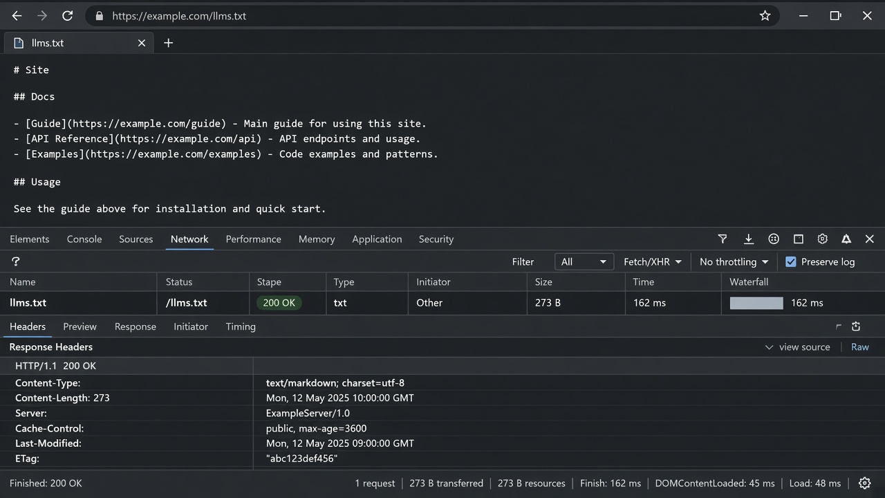 Successful /llms.txt fetch with HTTP 200 and Markdown content-type