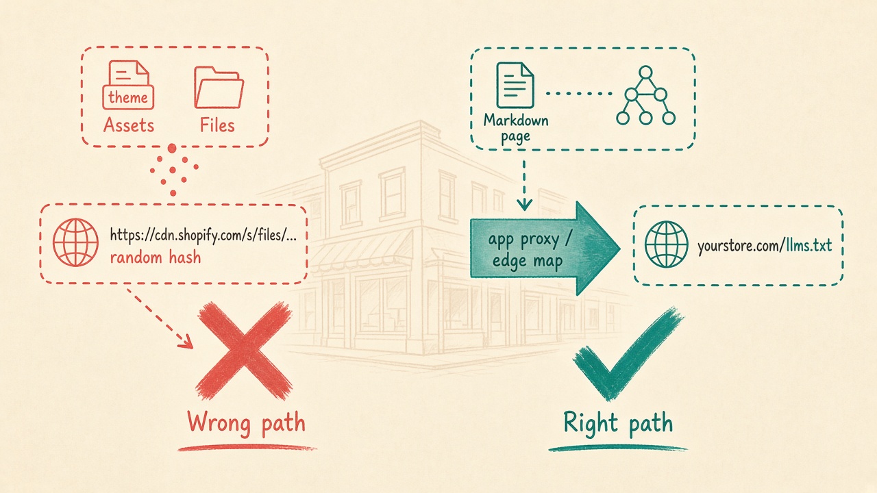Shopify llms.txt routing via app proxy versus a CDN theme asset URL