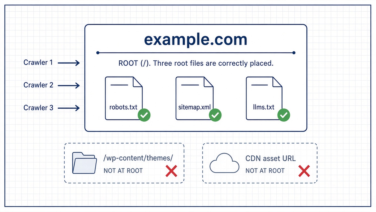 llms.txt site architecture at the domain root versus theme folder and CDN paths