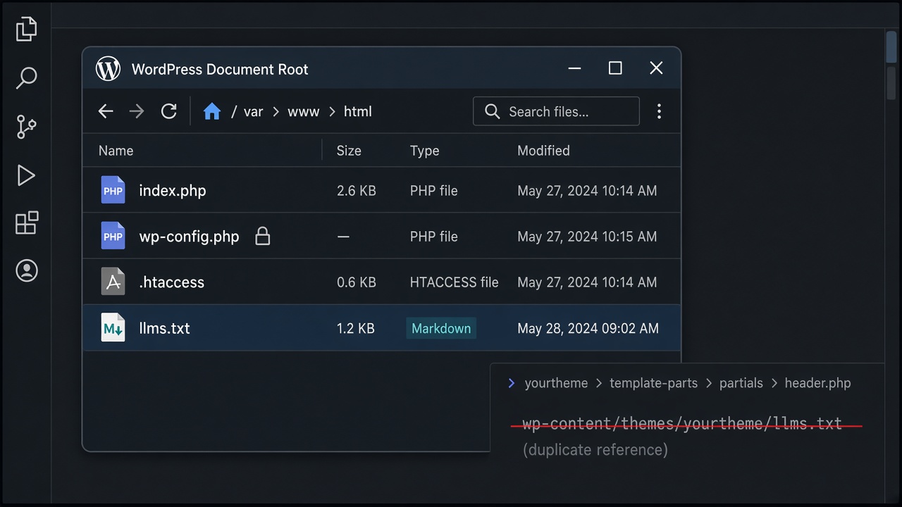 WordPress document root with llms.txt beside index.php and wp-config.php
