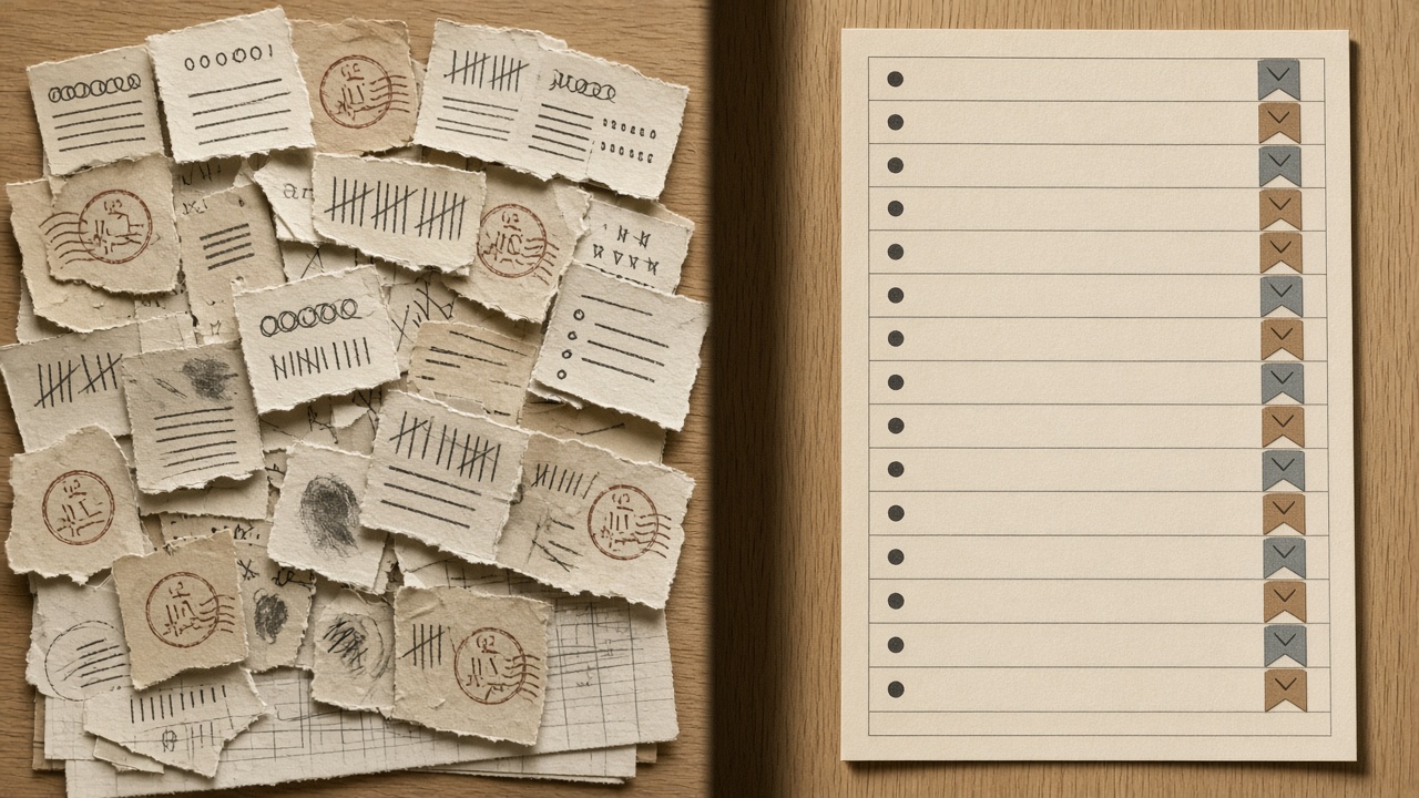 SEO content attribution split between a cluttered post checklist and a brief-ID ledger
