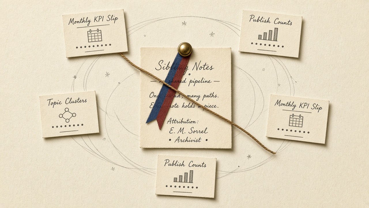 Brief-level attribution at the center, with monthly KPI notes orbiting at the edges