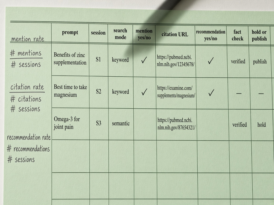 ChatGPT mention audit log with separate columns for mention, citation, recommendation, and hold or publish