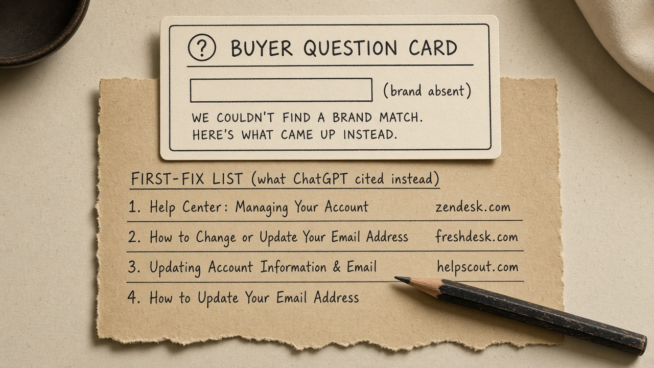 Buyer question with the brand missing and the third-party pages ChatGPT cited instead as a fix list