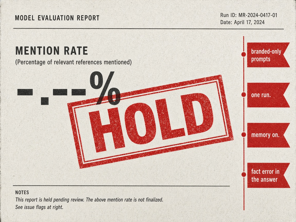 ChatGPT mention rate stamped HOLD for branded prompts, one run, memory on, and a fact error