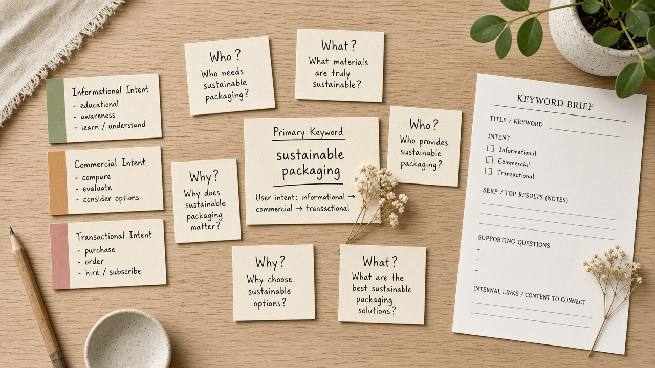 Keyword clusters and intent tags on index cards feeding a printed SEO content brief template