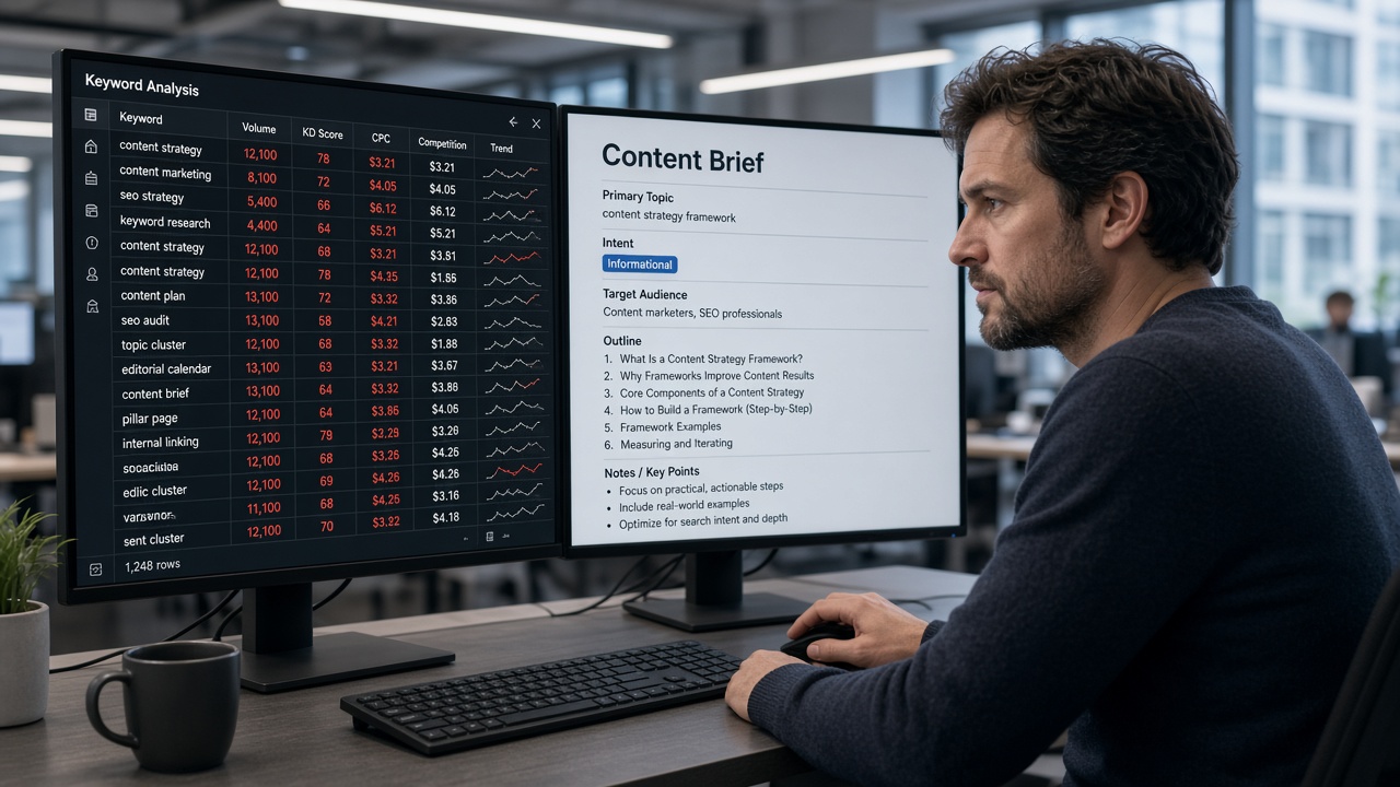 Content strategist comparing a chaotic keyword spreadsheet with a structured SEO content brief on dual monitors