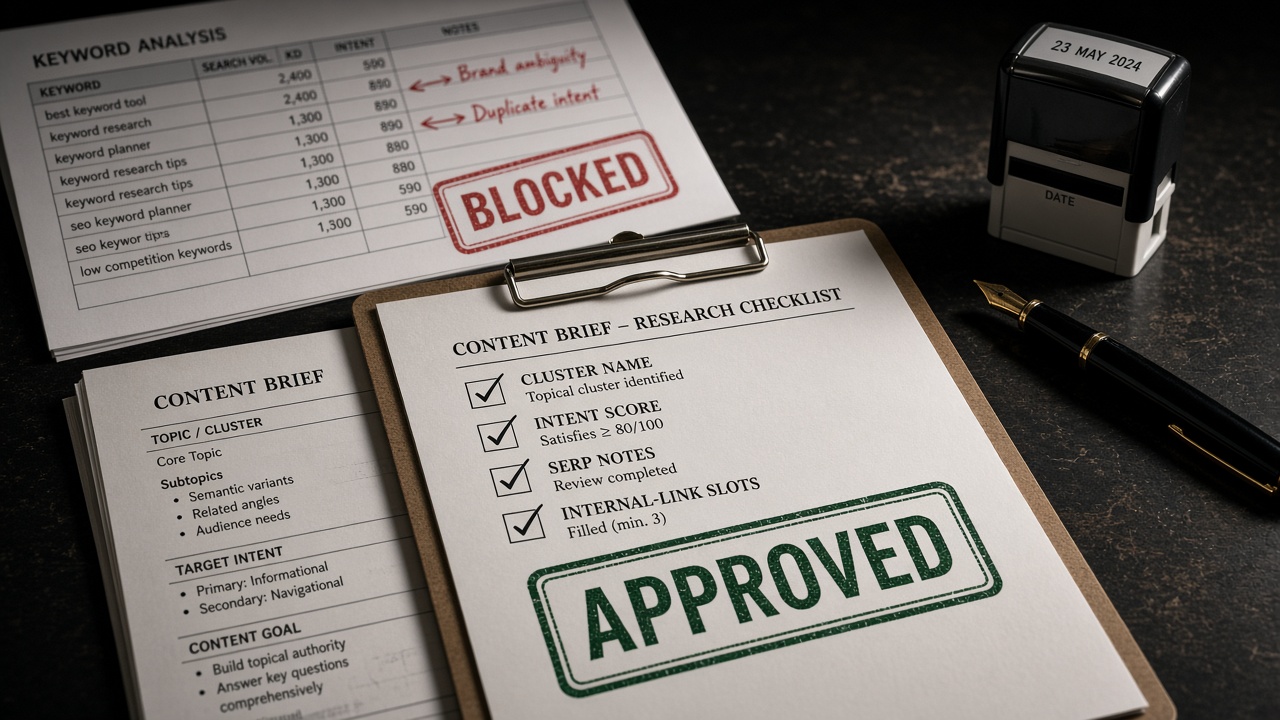 Approved content brief checklist beside a blocked keyword spreadsheet printout at a research quality gate