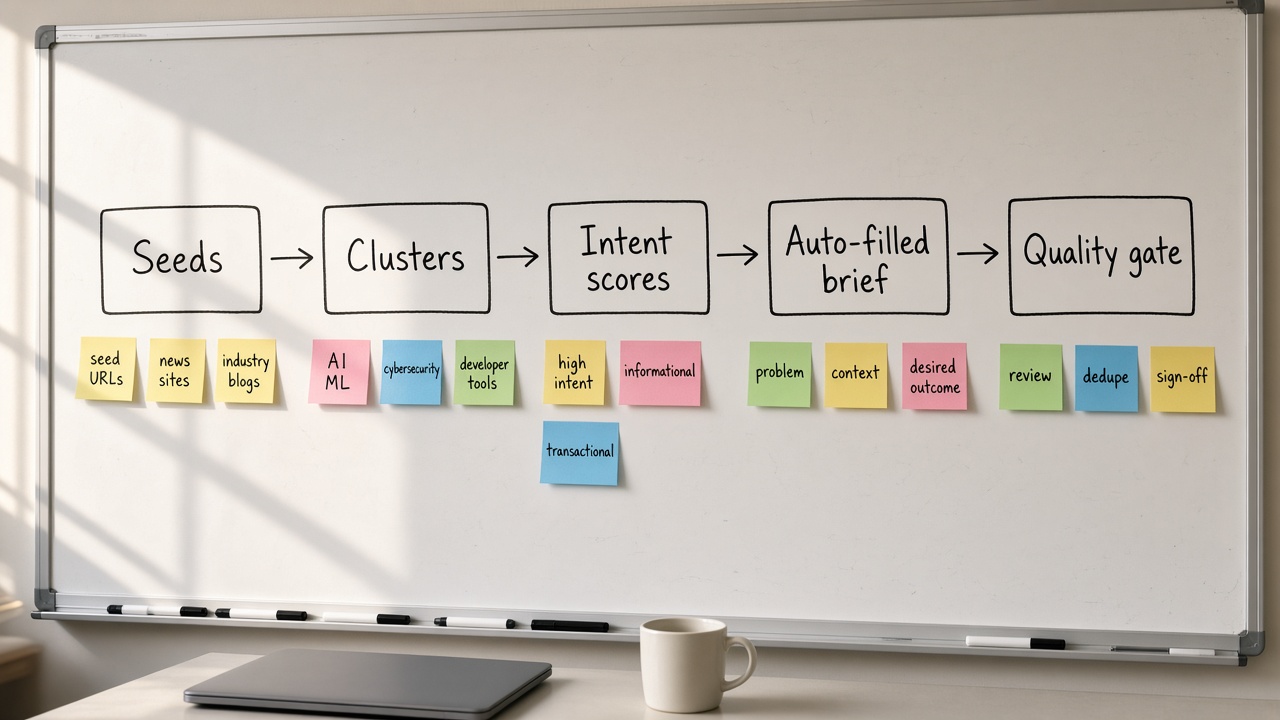 Whiteboard pipeline for automating keyword research from seed terms through clusters, intent scores, and a quality-gated content brief