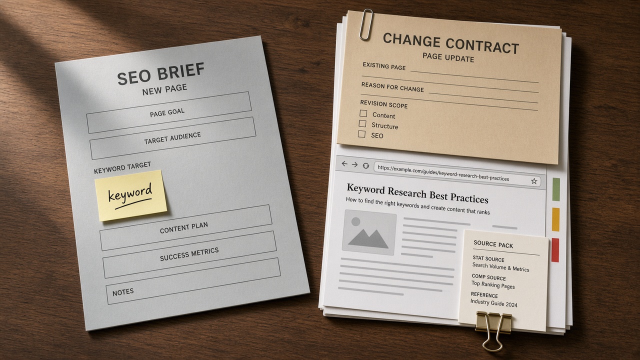 Content refresh brief shown as a same-URL change contract beside a blank new-page outline
