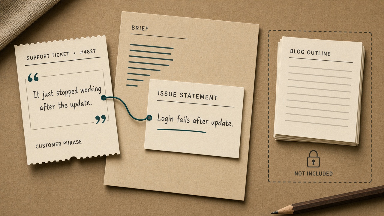 Support ticket language becoming a help brief issue statement, blog outline left out