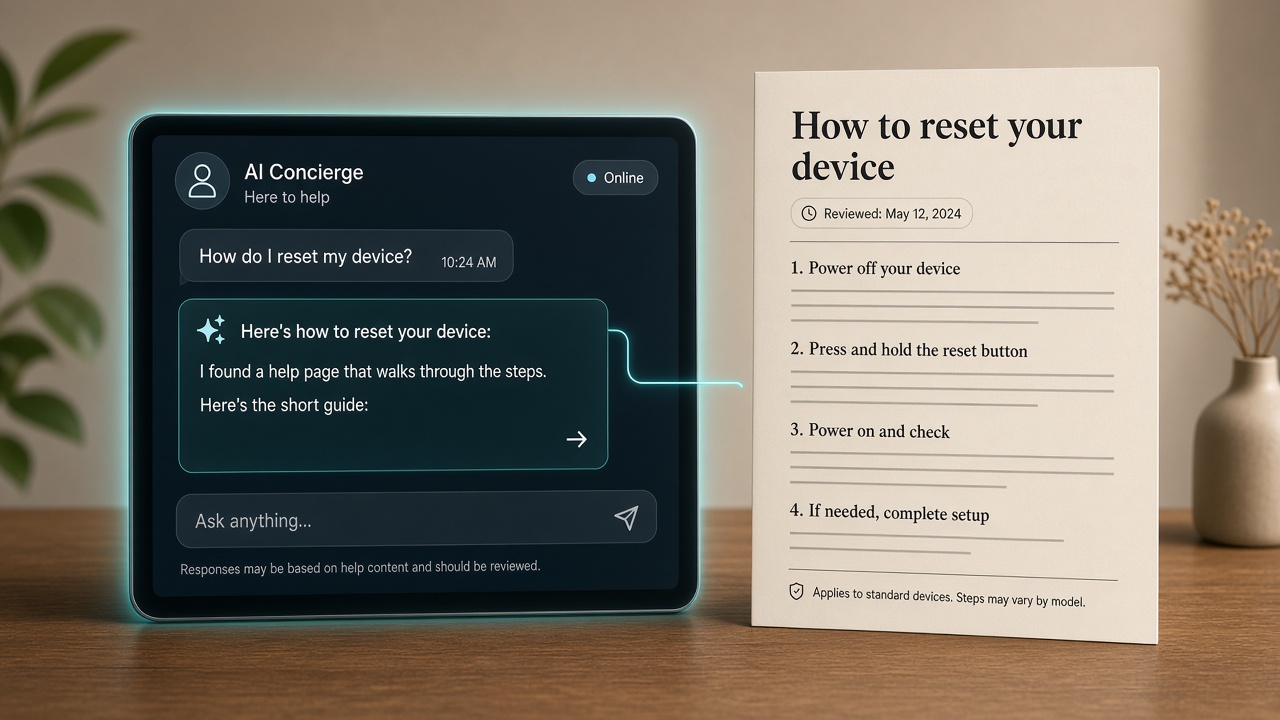 AI concierge citing a help page with the answer first, step headings, and a review date