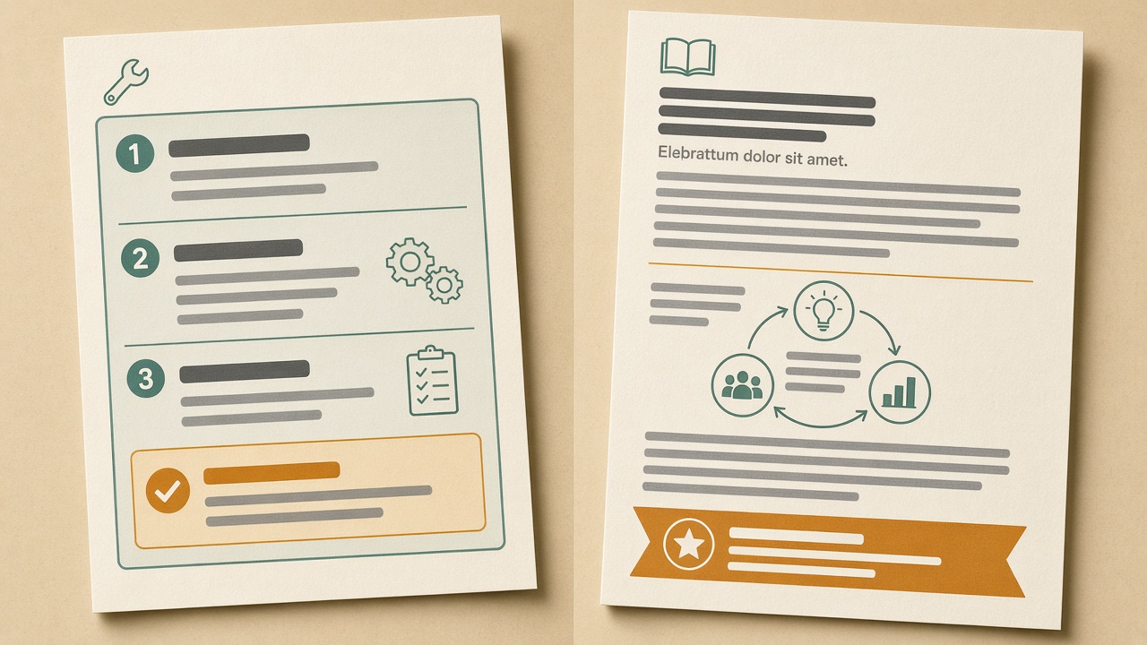 Help center page checklist beside a longer blog cluster spoke essay