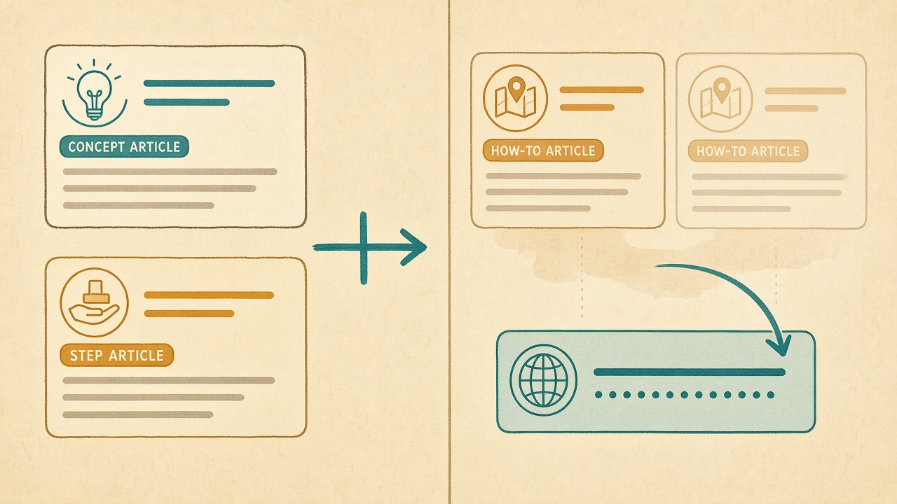 Cross-link a help article to a blog post, or merge same-intent pages into one URL