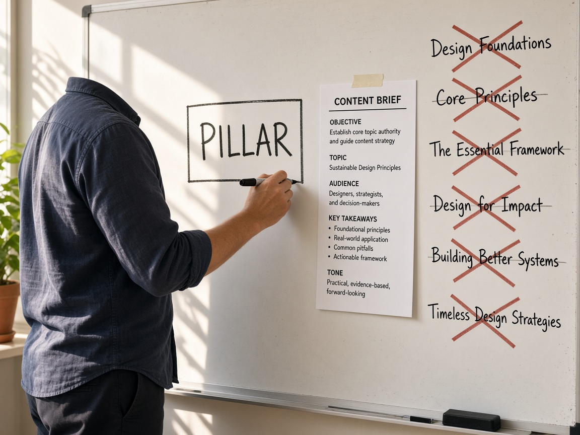 Content operator turning an existing brief into a single pillar box on a whiteboard
