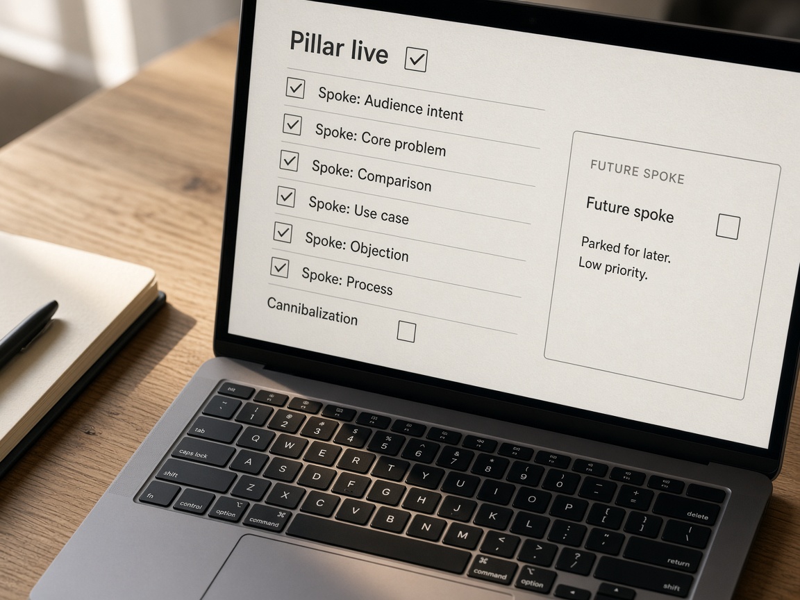 Laptop checklist with a live pillar, six shipped spokes, and one future spoke parked aside
