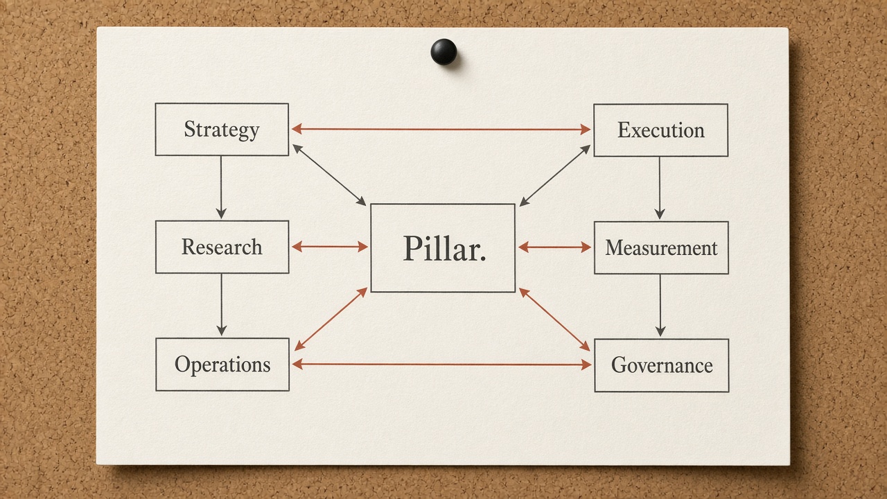 Architecture diagram of a topic cluster with two-way pillar links and sparse spoke-to-spoke arrows