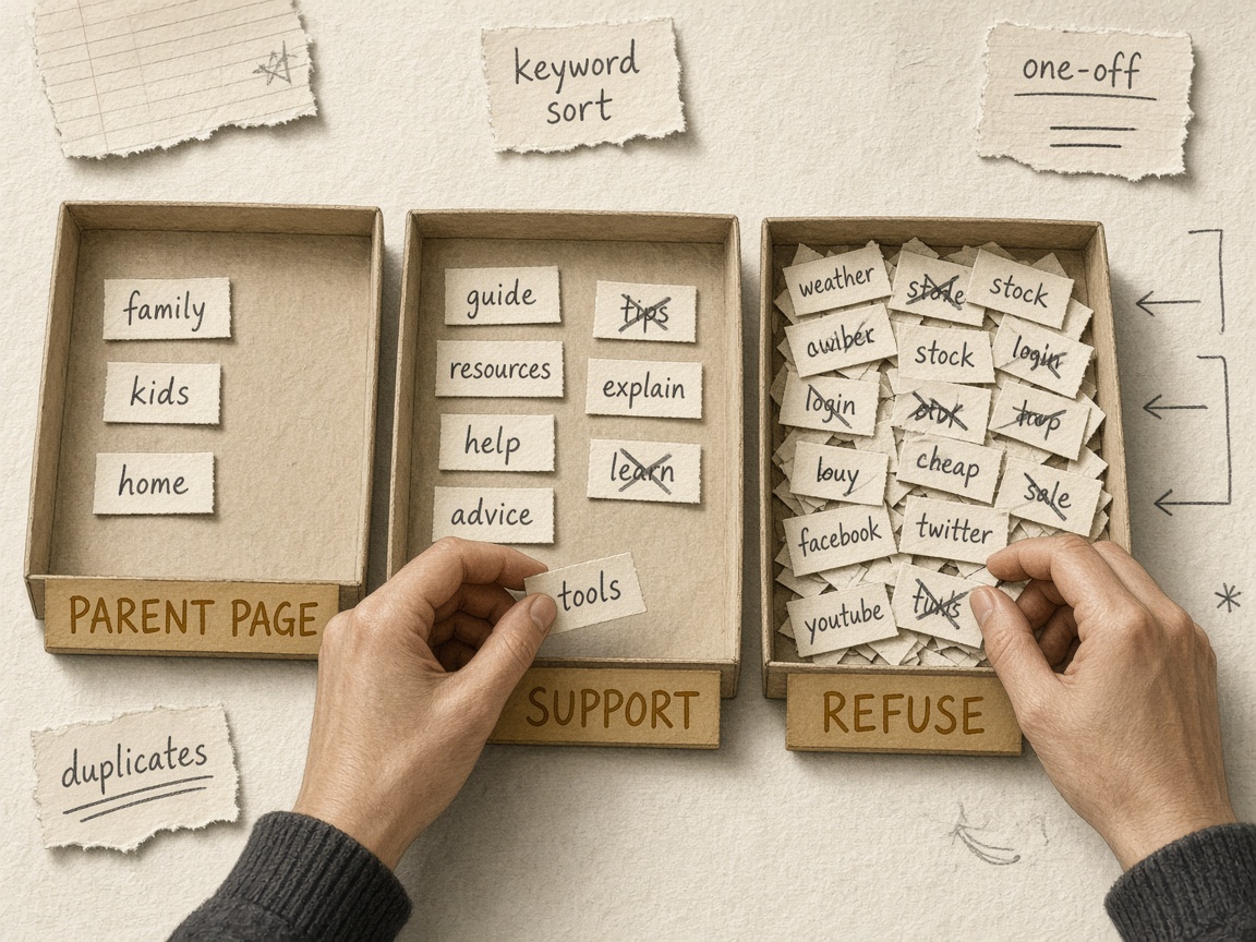 Editor sorting long-tail keywords into parent, support, and refuse piles