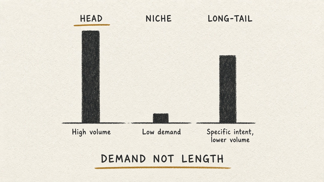 Diagram showing long-tail keywords ranked by demand, not phrase length