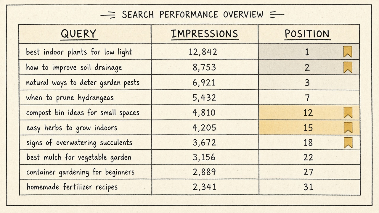 Stylized performance table highlighting long-tail keywords in positions 10 to 20