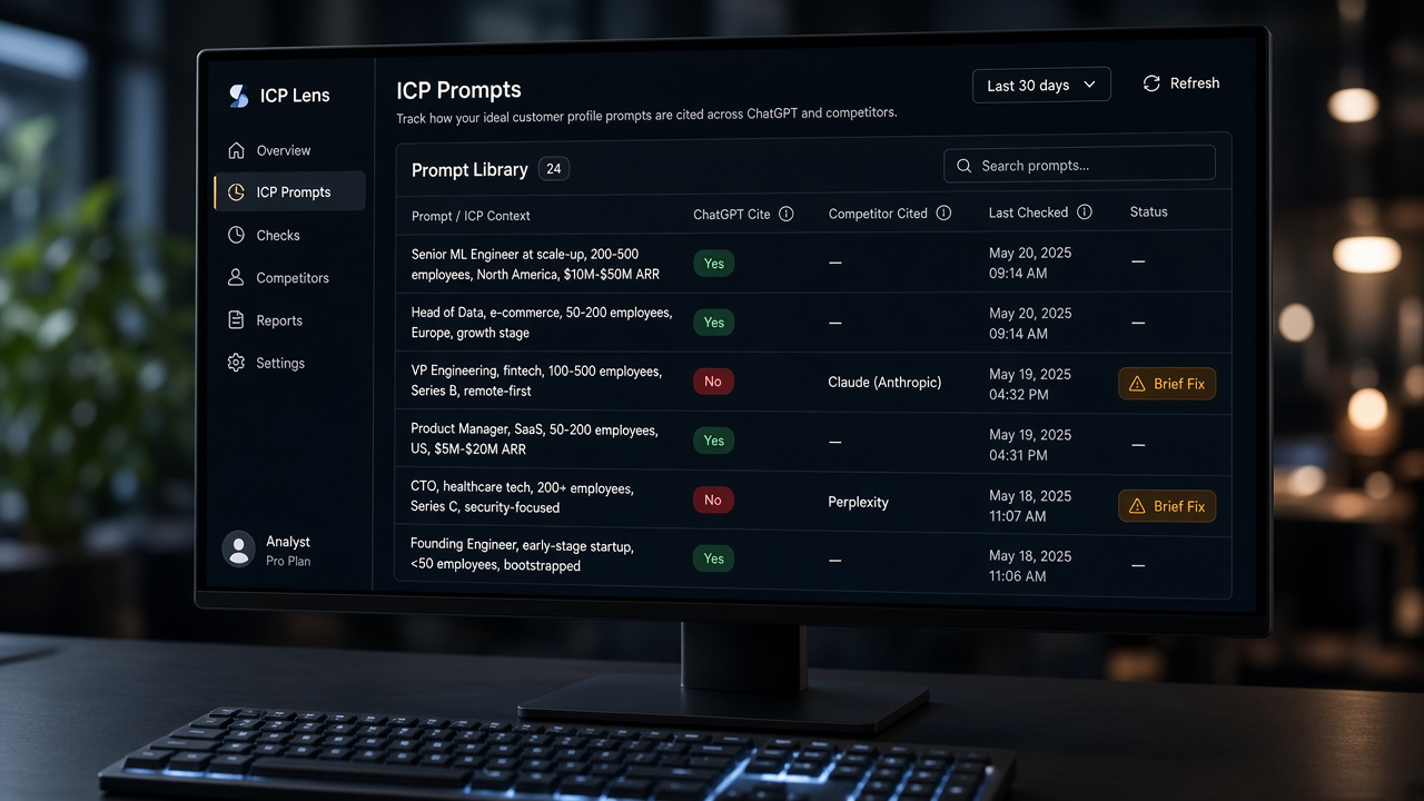 AI visibility tracking dashboard showing ChatGPT citation status and brief-fix tags