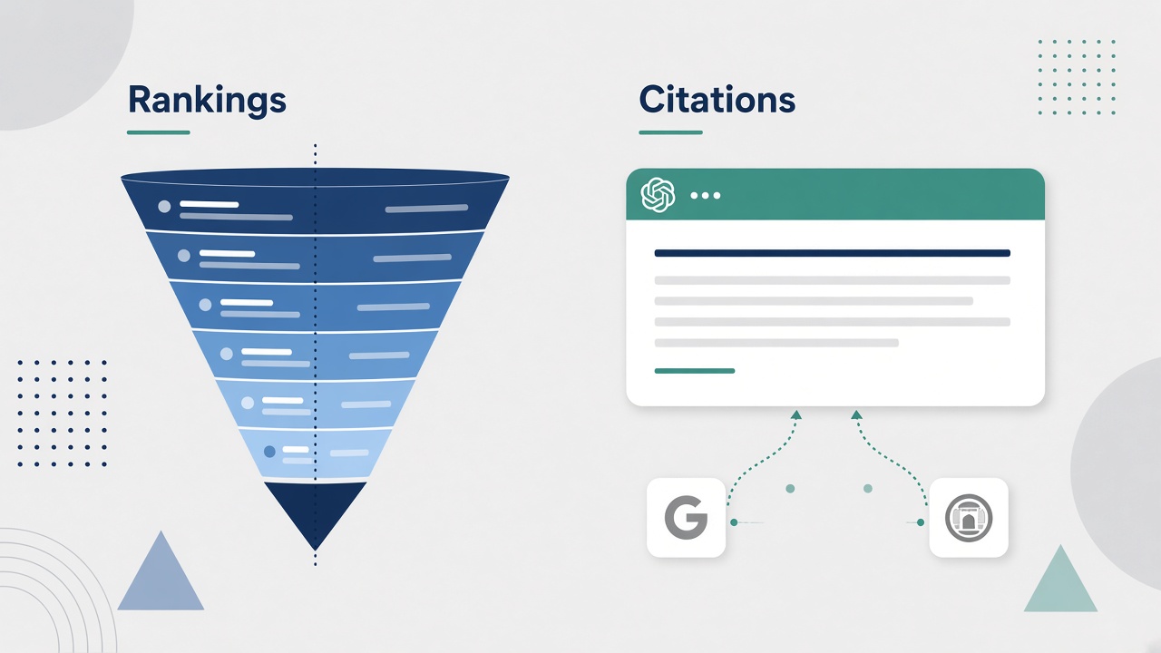 Diagram comparing SEO rankings funnel versus ChatGPT citations from source pages