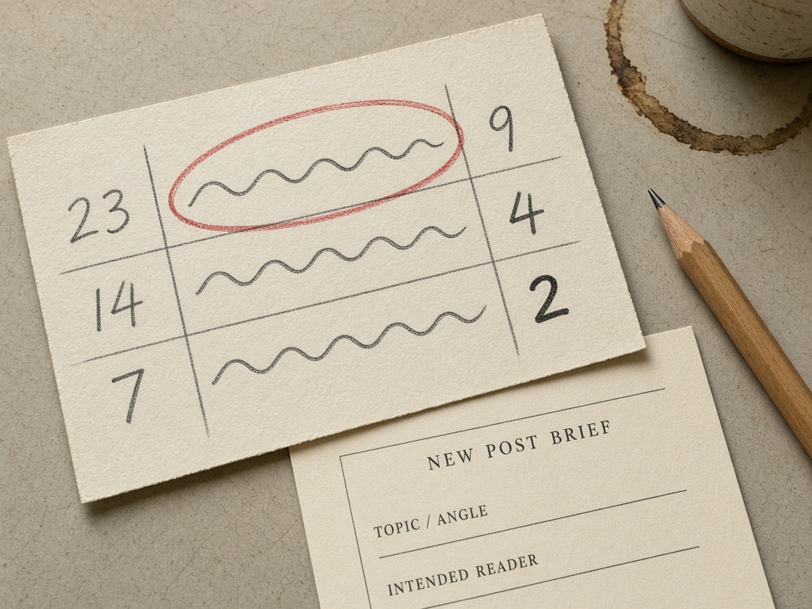 Three-number content decay score card ranking URLs by clicks lost and hours to fix, holding a blank brief