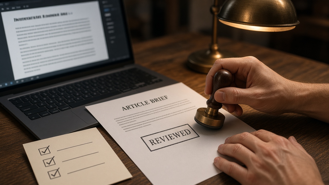 Editor stamping a brief as a quality gate while scaling content marketing