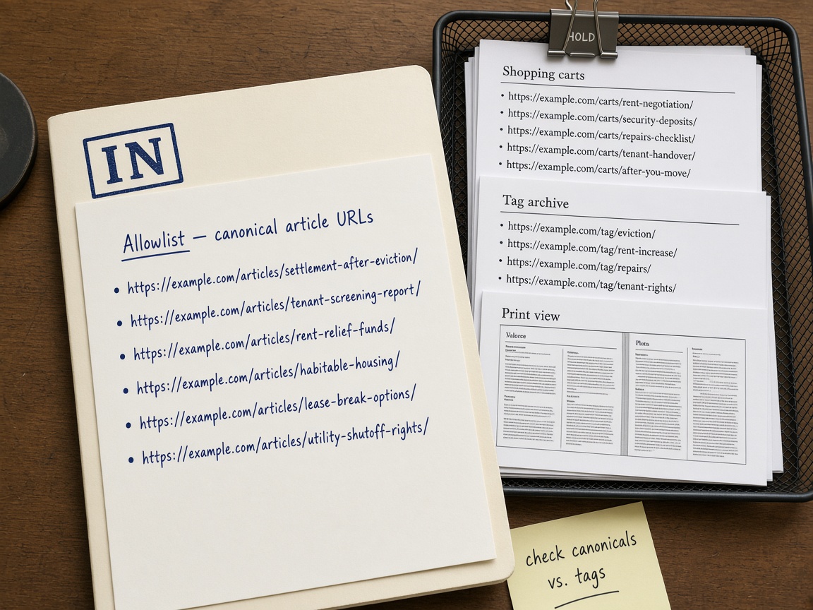 Editor allowlisting canonical article URLs while carts, tag archives, and print views stay outside the index