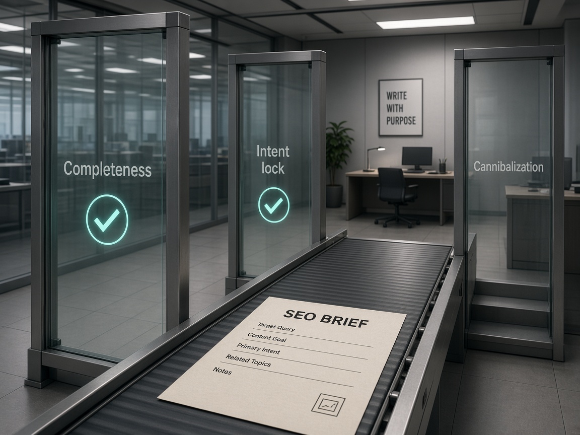 Quality gates checking SEO briefs for completeness intent and cannibalization